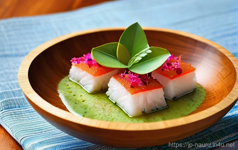 나우루 생선 요리 - **A Nauruan Coconut Fish Delicacy**
    A vibrant, mouth-watering close-up shot of Nauruan Coconut F...