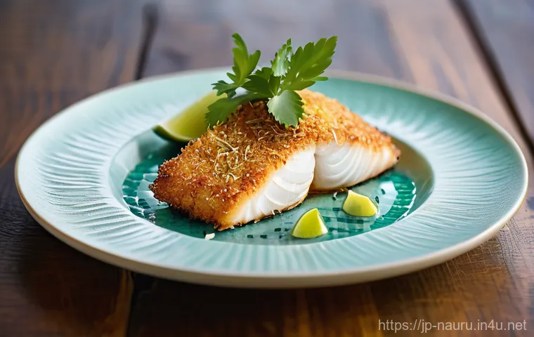 나우루 생선 요리 - **A Nauruan Coconut Fish Delicacy**
    A vibrant, mouth-watering close-up shot of Nauruan Coconut F...