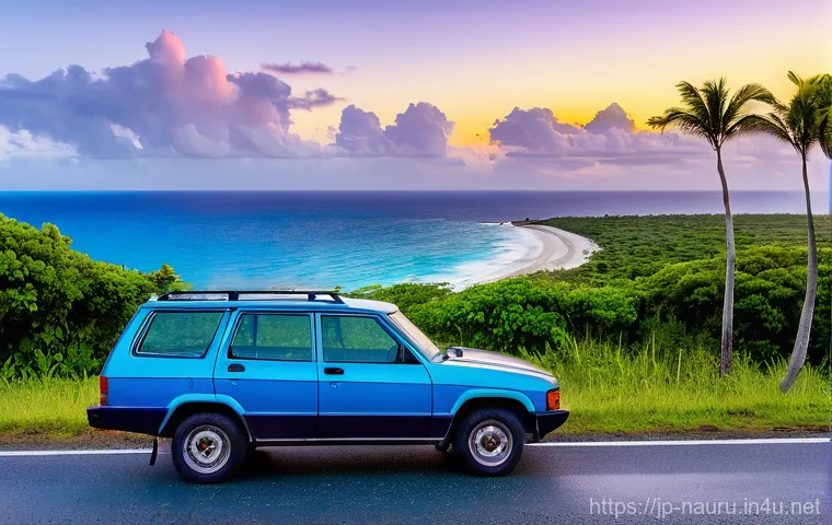 나우루 대중교통 시스템 - **Nauru's Authentic Route Bus Journey**
    A vibrant, slightly weathered route bus, painted in brig...